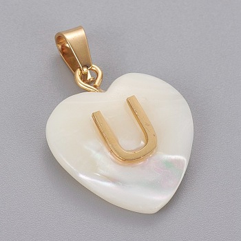 Shell Pendants, with 304 Stainless Steel Findings, Heart with Letter, Golden, Letter.U, 23.5x20x7mm, Hole: 3.5x7mm