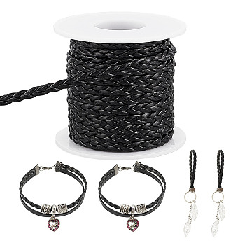 10M 3-Ply Braided Flat PU Leather Cord, Imitation Leather Jewelry Cord, Jewelry DIY Making Material, Black, 5x1.5mm