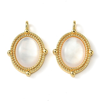 Brass Pave Shell Pendants, Oval Charms, Real 18K Gold Plated, WhiteSmoke, 19x13.5x3.5mm, Hole: 1.6mm