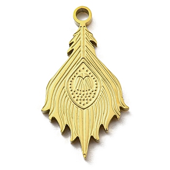 Ion Plating(IP) 316L Surgical Stainless Steel Pendants, Textured, Peacock Feather Charm, Real 18K Gold Plated, 27x14.5x2mm, Hole: 2mm