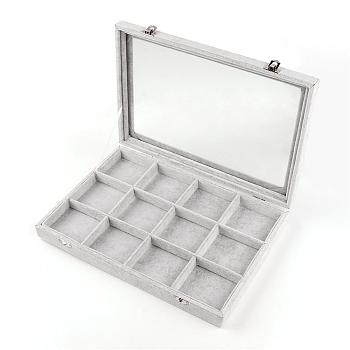 Velvet and Wood Display Boxes, with Glass, 12 Grids with Lid Jewelry Display Boxes, Rectangle, Gray, 24x35x4.5cm