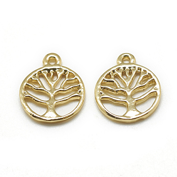 Brass Charms, Flat Round with Tree of Life, Real 18K Gold Plated, 14x12x1.5mm, Hole: 1mm