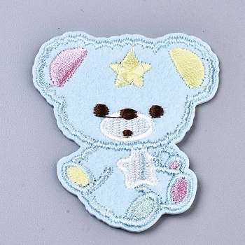 Bear Appliques, Computerized Embroidery Cloth Iron on/Sew on Patches, Costume Accessories, Light Sky Blue, 63.5x55x1.5mm