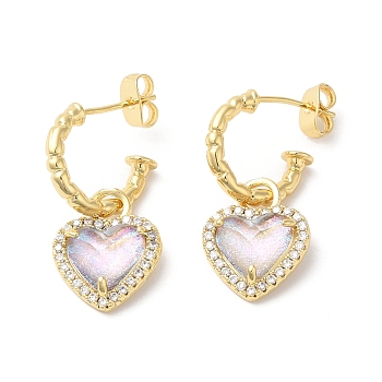 Glass Heart Dangle Stud Earrings with Cubic Zirconia, Real 18K Gold Plated Brass Jewelry for Women, Clear AB, 32~32.5x13~13.5mm