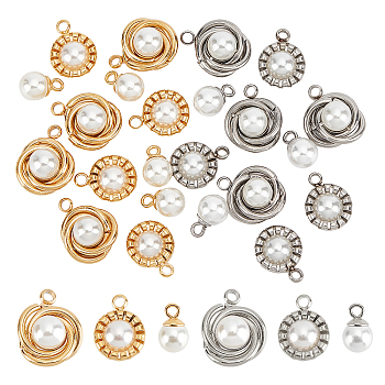 DICOSMETIC 24Pcs 3 Style 2 Color 304 Stainless Steel Pendants, with White Plastic Imitation Pearl Beads, Round, Golden & Stainless Steel Color, 9~14x9~12x3~7mm, hole: 1.5~1.8mm, 4pcs/style