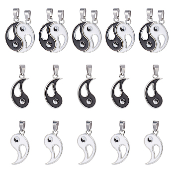 10 Sets Alloy Enamel Split Pendants, Gossip/Yin Yang, White, Black, 29x25x2mm, Hole: 4x7mm, 2pcs/set