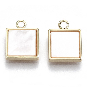 Brass Charms, with Natural Shell, Nickel Free, Rectangle, Real 18K Gold Plated, Creamy White, 12.5x9.5x2mm, Hole: 1.6mm