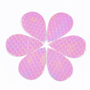 PU Leather Big Pendants, Teardrop with Mermaid Fish Scale Pattern, Pearl Pink, 70x45x1mm, Hole: 1.5mm