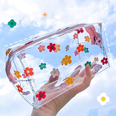 Bolsa de almacenamiento de maquillaje impermeable de PVC portátil con estampado de flores transparente(PAAG-PW0012-35)-2