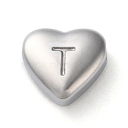 201 Stainless Steel Beads, Stainless Steel Color, Heart, Letter T, 7x8x3.5mm, Hole: 1.5mm(STAS-M335-01T-P)