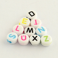 Opaque Acrylic Flat Round Beads, Horizontal Hole Letter Beads, Mixed Color, 7x4mm, Hole: 2mm, about 3600pcs/500g(SACR-Q100-M032)