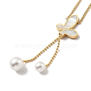 Synthetic White Shell Heart with Plastic Pearl Pendant Necklace, Ion Plating(IP) 304 Stainless Steel Jewelry for Women, Golden, 15.87 inch(40.3cm)(NJEW-G036-06G)