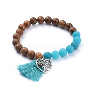 Natural White Jade(Dyed) Beads Stretch Charm Bracelets, with Cotton Thread Tassel, Natural Wood Beads and Heart with Tree Alloy Pendants, Deep Sky Blue, Inner Diameter: 2-1/8 inch(5.3cm)(BJEW-JB05275-04)