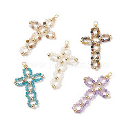 Natural Mixed Big Gemstone Pendants, Religion Cross Charms, with Golden Tone Brass Beads, 52.5x30.5x4mm, Hole: 3mm(PALLOY-JF01956)