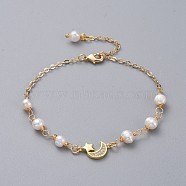 Natural Pearl Link Bracelets, with Brass Micro Pave Cubic Zirconia Link, Brass Cable Chains and Lobster Claw Clasps, with Cardboard Packing Box, Moon and Star, Golden, 7-1/2 inch(19cm)(BJEW-JB04884)