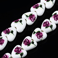 Handmade Porcelain Ceramic Beads Strands, Flower Printed, Heart, Purple, 15x15x7mm, Hole: 3mm, about 23pcs/strand, 12.8 inches(32.5cm)(PORC-S502-045D)