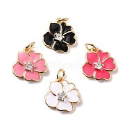 Rack Plating Brass Micro Pave Cubic Zirconia Charms, with Enamel and Jump Ring, Long-Lasting Plated, Flower, Mixed Color, 13x12x3mm, Jump Ring: 5x0.9mm, 3mm Inner Diameter(KK-B054-04G)