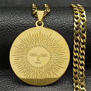 304 Stainless Steel Pendant Necklaces, Flat Round with Sun Pattern, Golden, 23.70 inch(60.2cm)(NJEW-C042-05G)