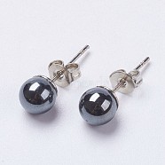 Brass Ear Studs, Ball Stud Earrings, with Non-magnetic Synthetic Hematite Beads, Platinum, 6x6.5mm, Pin: 0.7mm(EJEW-JE02703)