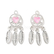 Rack Plating Alloy Rhinestones Pendants, Lead Free & Cadmium Free, Woven Net, Silver, Pink, 34x15.5x4.5mm, Hole: 2mm(PALLOY-D028-05A-S-RS)