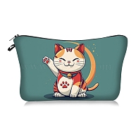 Lucky Cat Print Polyester Cosmetic Zipper Pouches, Waterproof Clutch Bag, Toilet Bag for Women, Light Sea Green, 21x18x13.5cm(PW-WG378D1-01)