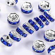 Brass Grade A Rhinestone Spacer Beads, Silver Color Plated, Nickel Free, Sapphire, 8x3.8mm, Hole: 1.5mm(RSB038NF-15)