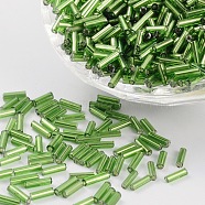 Glass Bugle Beads, Silver Lined, Lime Green, 6~8x1.8mm, Hole: 0.6mm, 1250pcs/50g(X-TSDB6mm27)