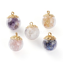 Natural Mixed Gemstone Chip Pendants, with Golden Plated Alloy Bead Caps, Brass Ball Head pins and Glass Globe Bottles, Round, 20x16.5mm, Hole: 2mm(PALLOY-JF00593)