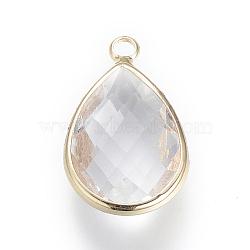 Glass Pendants, with Brass Findings, Faceted, Drop, Light Gold, Clear, 14x7.5x4mm, Hole: 1.8~2.3mm(GLAA-S110-A-05)