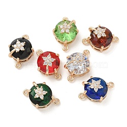 Brass Pave Faceted Glass Flat Round Connector Charms, Clear Cubic Zirconia Flower Links, Light Gold, Mixed Color, 20x14x11mm, Hole: 1.4mm(KK-G517-09G)