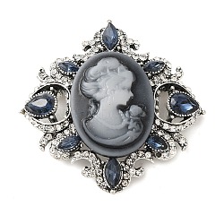 Retro Alloy Rhinestone Rhombus Brooch, Cameo Women Resin Pins, for Clothes Backpack, Antique Silver, 50x51mm(JEWB-B022-01AS-02)
