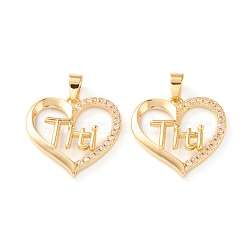 Brass Micro Pave Clear Cubic Zirconia Pendants, Long-Lasting Plated, Heart with Word Titi, Real 18K Gold Plated, 19x19x2.5mm, Hole: 5x3.5mm(ZIRC-Z007-12G)