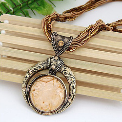 Bohemian Style Flat Round Alloy & Resin Imitation Gems Pendant Necklaces, Glass Seed Beaded Necklaces, Antique Golden, Antique White, 18.90 inch(48cm)(WG23E28-05)
