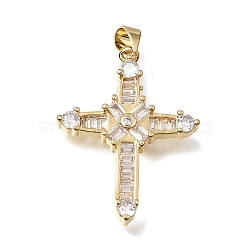 Brass Micro Pave Clear Cubic Zirconia Pendants, Cross Charms, Lead Free & Cadmium Free, Long-Lasting Plated, Rack Plating, Real 18K Gold Plated, 30.5x23.5x4mm, Hole: 4x3mm(CU-CBA9883-04B-G)