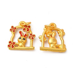 Rack Plating Alloy Enamel Pendants with Jump Ring, Rabbit Charms, Matte Gold Color, Red, 16x14x3.5mm, Jump Ring: 5x1mm, 3mm Inner Diameter(ENAM-M048-21MG-B)