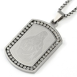 304 Stainless Steel Micro Pave Clear Cubic Zirconia Virgin Mary Rectangle Pendant Necklaces, Stainless Steel Color, 23.62 inch(60cm)(NJEW-D089-07P)