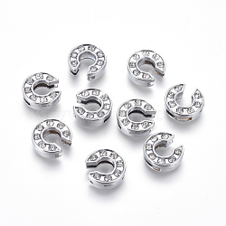 Alloy Initial Slide Charms with Grade A Rhinestones, for Personalized Name Necklaces Making, Lead Free & Nickel Free, Platinum, Letter.C, 12~13x8~13x4~5mm, Hole: 8x2mm(ALRI-R032-C-FF)