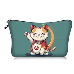 Lucky Cat Print Polyester Cosmetic Zipper Pouches, Waterproof Clutch Bag, Toilet Bag for Women, Light Sea Green, 21x18x13.5cm(PW-WG378D1-01)