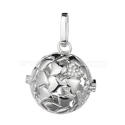 Brass Rhinestone Hollow Round with Heart Cage Pendants, For Chime Ball Pendant Necklaces Making, Lead Free & Nickel Free & Cadmium Free, Platinum, 22mm, Hole: 3.5x8mm, inner diameter: 18mm(KK-E662-13P-NR)