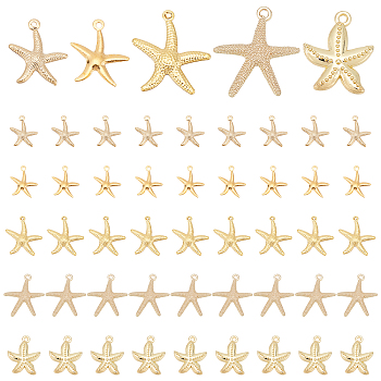 Elite 50Pcs 5 Style Iron & Alloy & Brass Pendants, Starfish/Sea Stars, Light Gold, 17.5~24x15.5~22x1~3mm, 10pcs/style