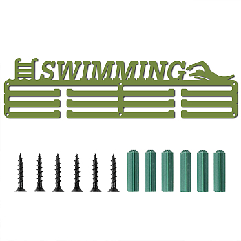 Iron Medal Holder Frame, Medals Display Hanger Rack, with Screws, Rectangle with Word Swimming, Olive Drab, 103x400mm