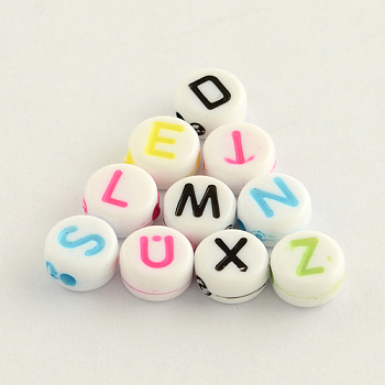 Opaque Acrylic Flat Round Beads, Horizontal Hole Letter Beads, Mixed Color, 7x4mm, Hole: 2mm, about 3600pcs/500g