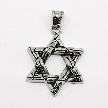 Retro Men's 304 Stainless Steel Star of David Pendants, for Jewish, Antique Silver, 41x30x4mm, Hole: 7x4mm