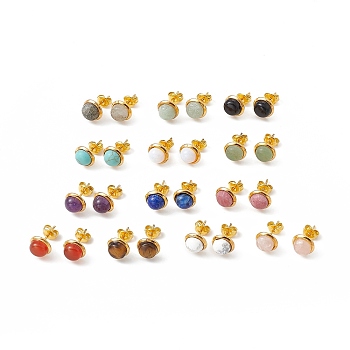 Gemstone Half Round Stud Earrings, Golden Brass Jewelry for Women, Cadmium Free & Lead Free, 14x8mm, Pin: 0.7mm
