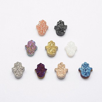 Hamsa Hand Druzy Crystal Beads, Electroplate Natural Druzy Crystal Beads, Mixed Color, 13x10.5x4.5~5mm, Hole: 1mm