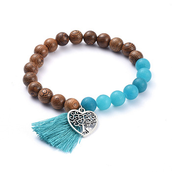 Natural White Jade(Dyed) Beads Stretch Charm Bracelets, with Cotton Thread Tassel, Natural Wood Beads and Heart with Tree Alloy Pendants, Deep Sky Blue, Inner Diameter: 2-1/8 inch(5.3cm)