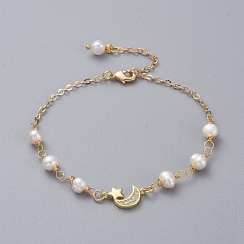 Natural Pearl Link Bracelets, with Brass Micro Pave Cubic Zirconia Link, Brass Cable Chains and Lobster Claw Clasps, with Cardboard Packing Box, Moon and Star, Golden, 7-1/2 inch(19cm)