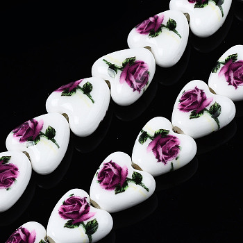 Handmade Porcelain Ceramic Beads Strands, Flower Printed, Heart, Purple, 15x15x7mm, Hole: 3mm, about 23pcs/strand, 12.8 inches(32.5cm)