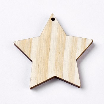 Pine Wood Big Pendants, Undyed, Star, PapayaWhip, 51~52x54x5mm, Hole: 2mm