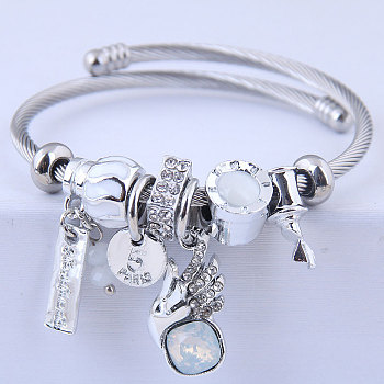 304 Stainless Steel European Bangles, Charm Bangles for Women, with Alloy & Rhinestone & Glass & Enamel, White, Inner Diameter: 2-1/8 inch(5.5cm)